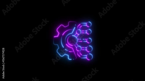 Animation of automation technology icons on transparent background. Machine concept set. Animation video of digitalization icons by colorful neon on black background.