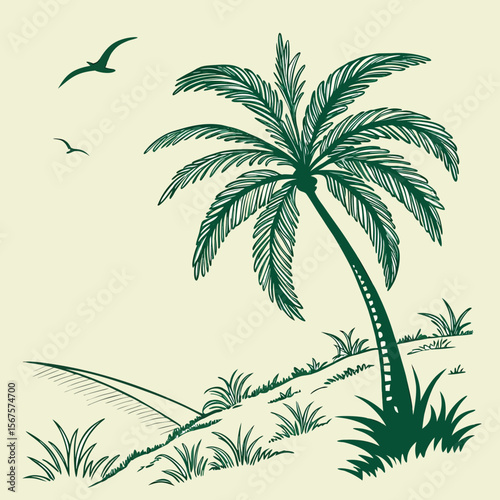 palm tree, tropical landscape, green foliage, birds flying, serene, digital illustration, cinematic lighting, high-quality, detailed, vibrant colors
