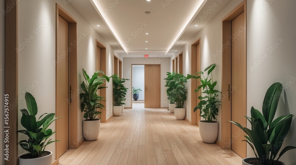 Fototapeta premium A Bright Hallway with Wooden Doors, Plants, and Soft Daylight — A Symbol of Ordered Movement, Contemporary Silence, and Harmony Between Nature and Architecture