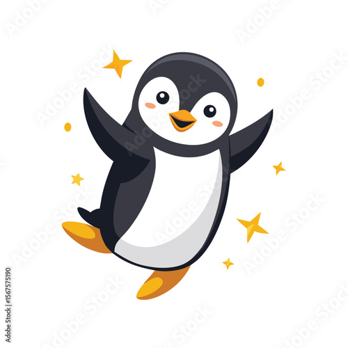 Happy Penguin Jumping with Stars Around Kawaii