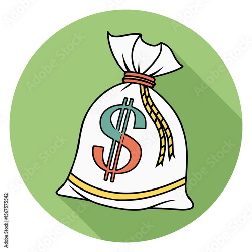 A white money bag with a dollar sign, tied with a red and white string, against a green background, detailed digital illustration, highly detailed, intricate, cinematic lighting, realistic, award-winn