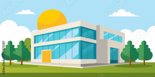 Residential architecture featuring a house in a park and a house on a hill, with a vector illustration of a building exterior against the sky