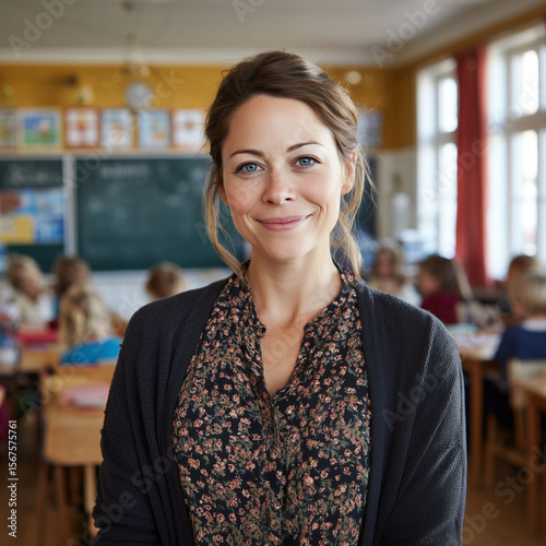 A portrait of an attractive female primary school teacher in her thirties, wearing stylish and a cardigan with a dark floral shirt underneath. She is smiling as she stands facing t