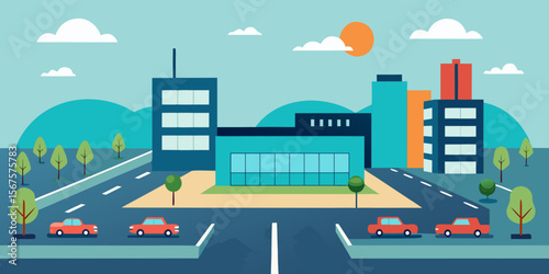 Cartoon vector illustration of an urban city with cars, buses, and taxis on a road with buildings, houses, and a blue sky