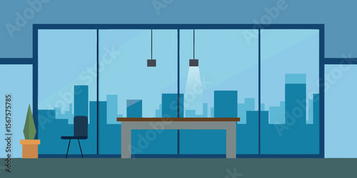 Modern business interior design featuring an empty office room with a city view through a glass window