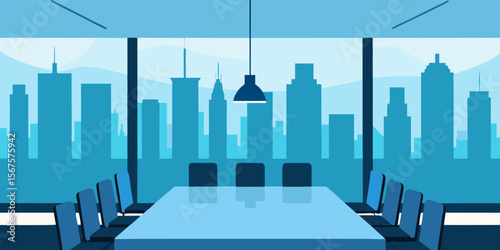 Blue cityscape illustration of modern urban architecture with office buildings reflecting the sky