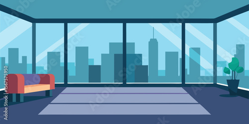 Modern urban city skyline with sleek architectural buildings and a bustling downtown street