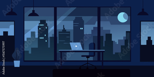 Night city urban skyline with a silhouetted man admiring the towering architecture and illuminated buildings