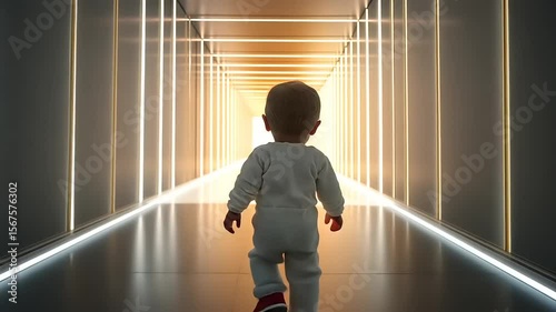 A baby in white clothing walks towards a glowing tunnel, symbolizing curiosity and exploration