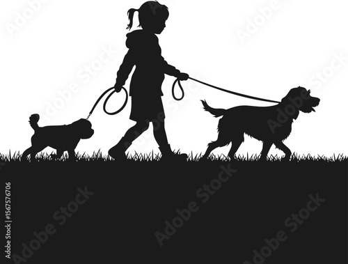 Child walking two dogs on leash in grass silhouette vector illustration
