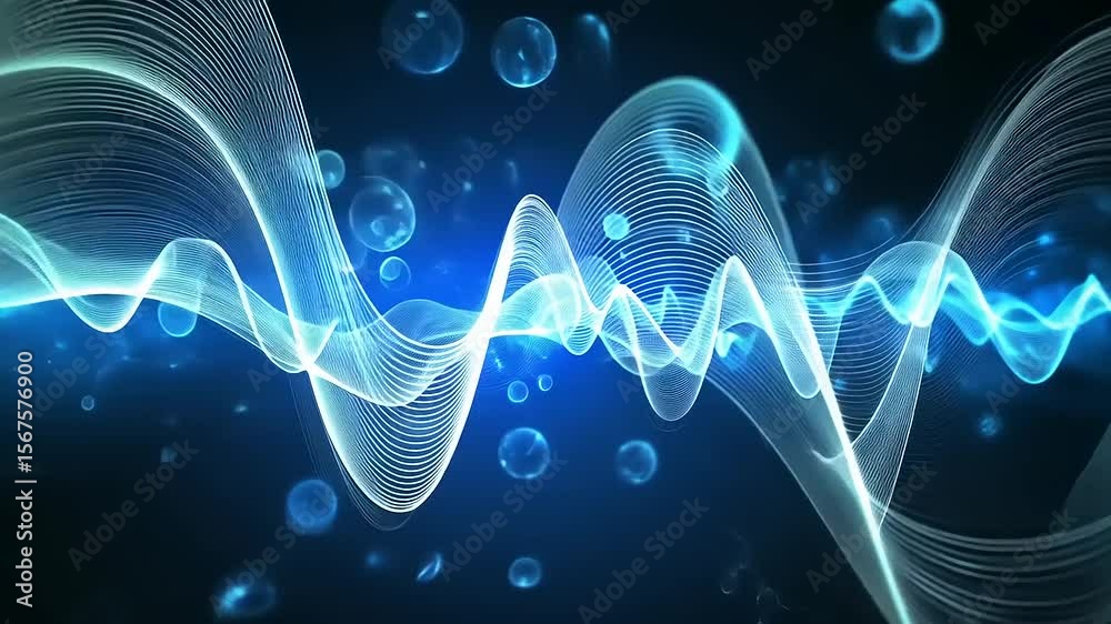 Abstract representation of sound waves with blue bubbles and glowing lines against a dark background