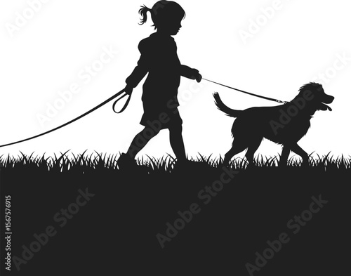 Girl silhouette walking dog on leash in tall grass vector illustration for pet-related design