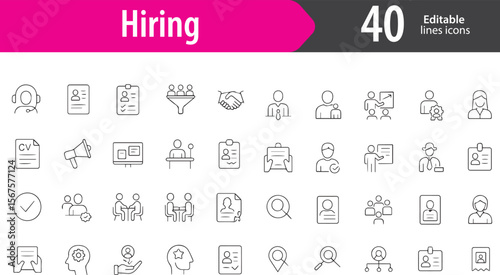 Hiring Line Icons, Recruitment, Candidate Profile, Interview, Resume Review, Job Offer, Editable Formats: AI, EPS, PNG, JPG, Ideal for Both Digital and Print Use
