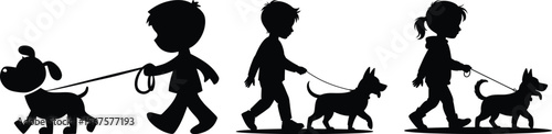 Cartoon children walking dogs on leash vector silhouette illustration set