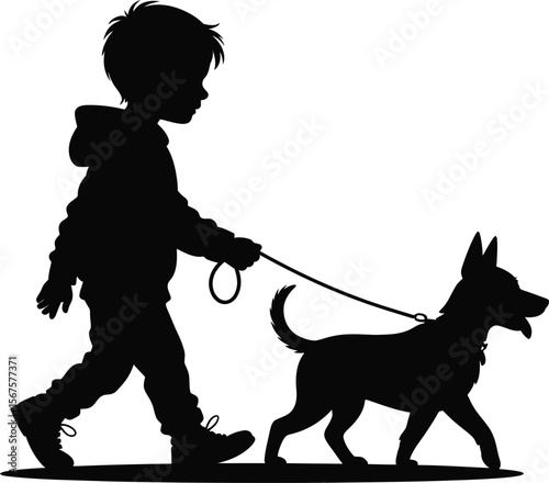 Boy walks dog on leash silhouette vector illustration in side profile view
