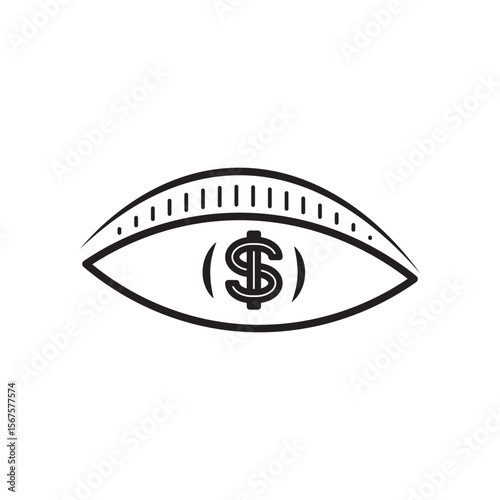 Editable stroke outline icon of an eye with a dollar sign inside the pupil. This vector symbolizes financial vision, money-focused thinking, profit mindset, investment insight, or economic foresight.