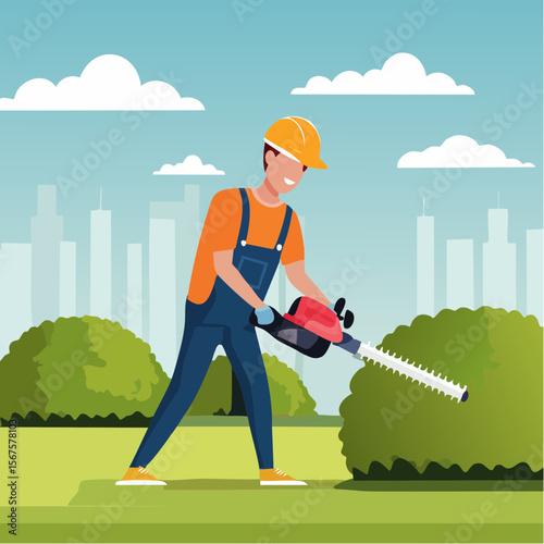 Man trims shrub with electric hedge trimmer