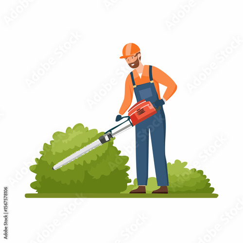 Man trims shrub with electric hedge trimmer