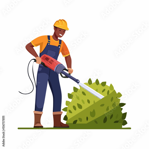 Man trims shrub with electric hedge trimmer