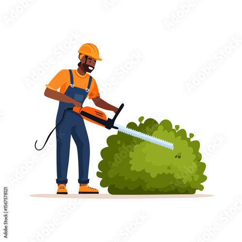 Man trims shrub with electric hedge trimmer