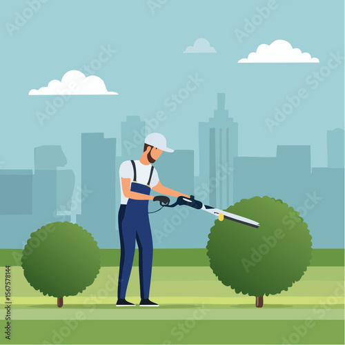 Man trims shrub with electric hedge trimmer