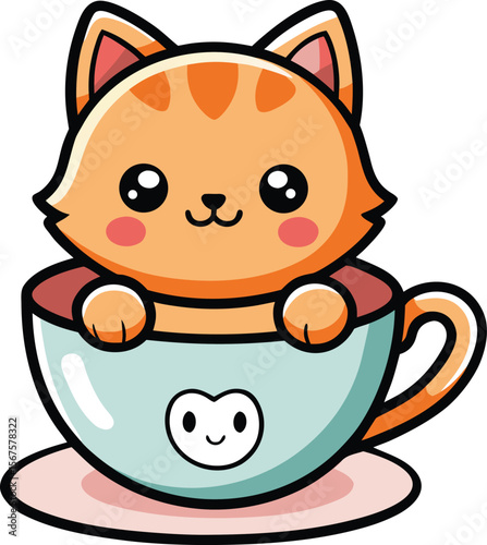Kawaii Cat in Teacup Smiling with Tail Wrapped