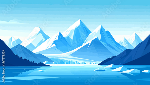 Stylized Glacier Landscape Depicting Majestic Mountains and Icy Waters in Blue Tones
