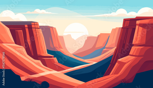 Grand Canyon stylized illustration with sunset and blue river winding through red rock formations
