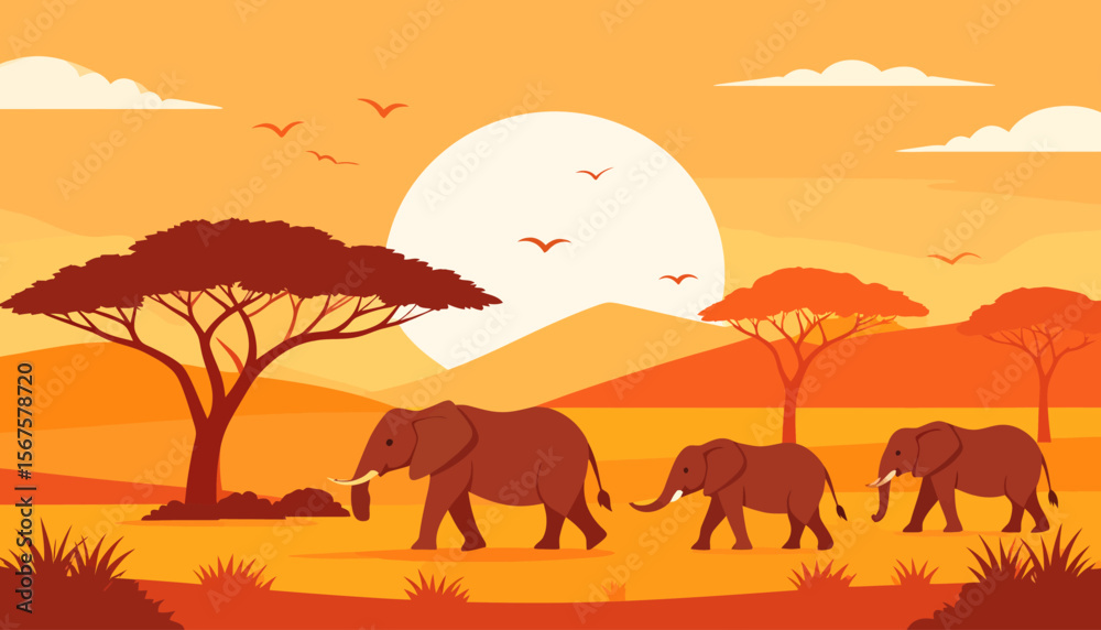 Fototapeta premium Elephant Family Walking Through African Savannah at Sunset, Flat Vector Illustration
