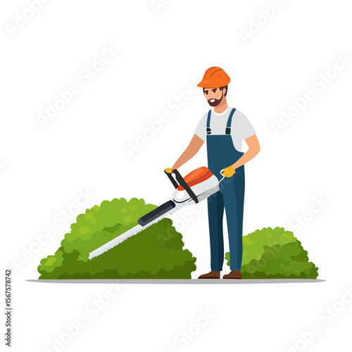 Man trims shrub with electric hedge trimmer