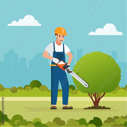 Man trims shrub with electric hedge trimmer