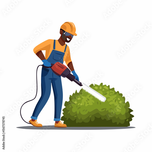 Man trims shrub with electric hedge trimmer
