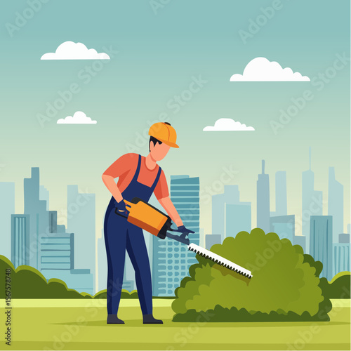 Man trims shrub with electric hedge trimmer