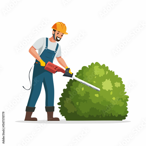 Man trims shrub with electric hedge trimmer