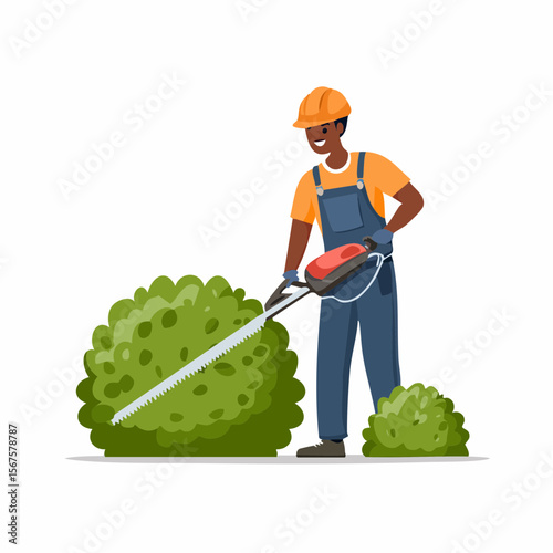 Man trims shrub with electric hedge trimmer