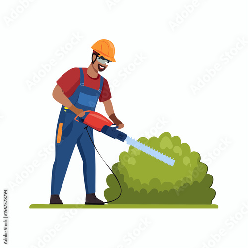 Man trims shrub with electric hedge trimmer