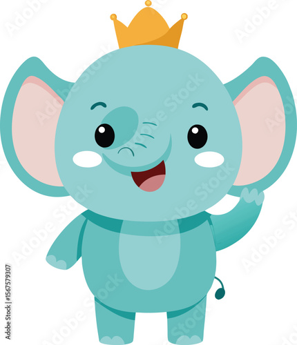 Kawaii Elephant Wearing Tiny Crown and Waving