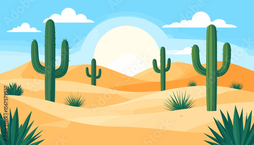Desert landscape with saguaro cacti, rolling sand dunes, and a bright sun