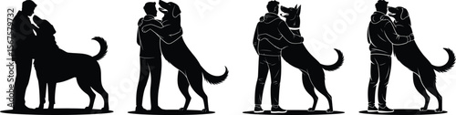 Man and giant dog showing affection in two poses silhouette vector illustration
