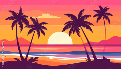 Vibrant Sunset Beach Scene with Silhouettes of Palm Trees