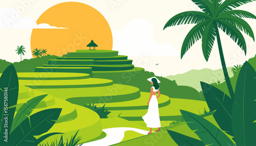 Woman in White Dress Admires Lush Green Rice Terraces at Sunset