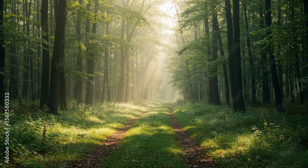 Fototapeta premium Sunlit forest path, light beams streaming through tall trees, creating a serene and natural landscape
