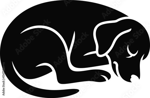 Cute furry sleeping dog curled up pose in silhouette vector pet art