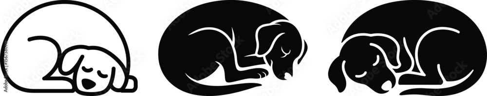 Obraz premium Adorable dog sleeping peacefully in curled resting position silhouette vector illustration