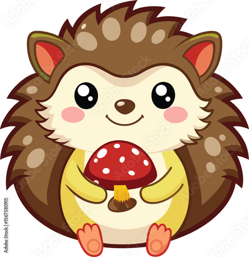 Kawaii Hedgehog Holding Mushroom Tiny Mouth Smile
