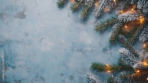 Frosted Pine Branches with Warm Christmas Lights Framing a Blue Winter Background with Copy Space for Holiday Text or Design