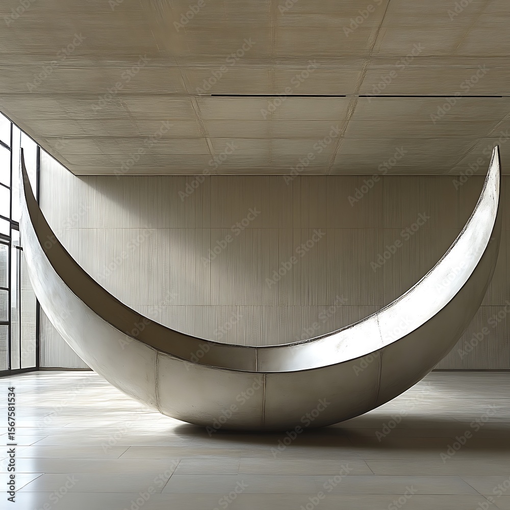 Obraz premium Crescent-shaped metal sculpture in a modern interior space.