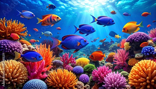 Colorful Tropical Fish Swimming in Coral Reef, Vibrant Underwater Marine Life / サンゴ礁を泳ぐカラフルな熱帯魚、鮮やかな水中の海洋生物