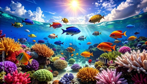 Colorful Tropical Fish Swimming in Coral Reef, Vibrant Underwater Marine Life / サンゴ礁を泳ぐカラフルな熱帯魚、鮮やかな水中の海洋生物