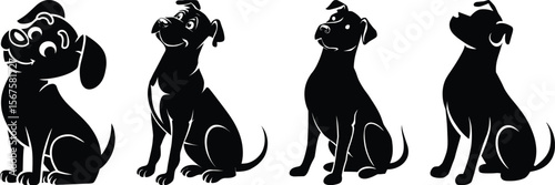Sitting dog silhouette vector illustration in fun cartoon styles and various expressions